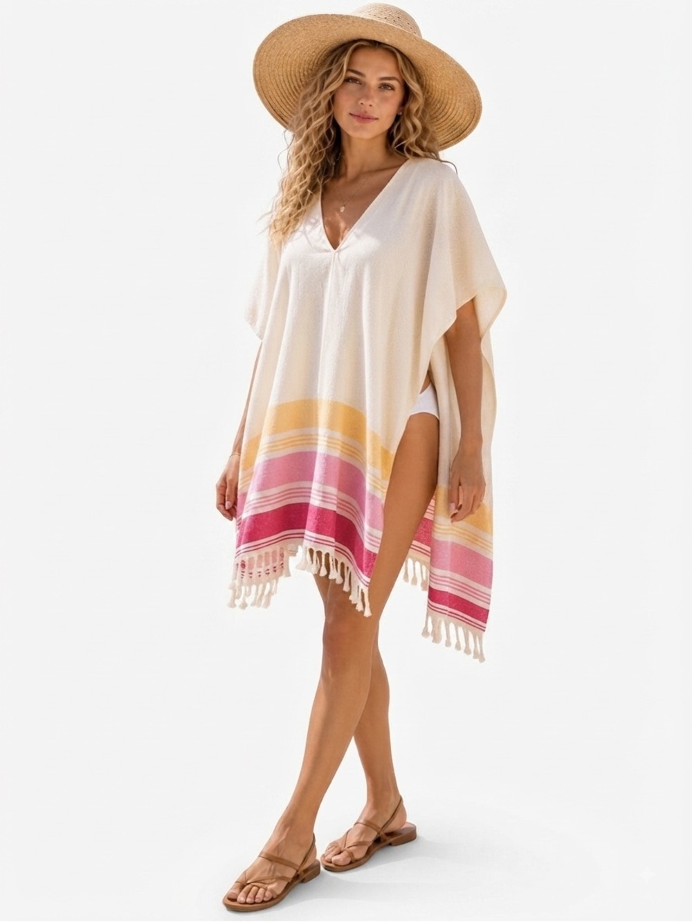 Tribe Alive‎ Poncho Womens One Size Striped Beach Caftan Fringe Ethical Artisan